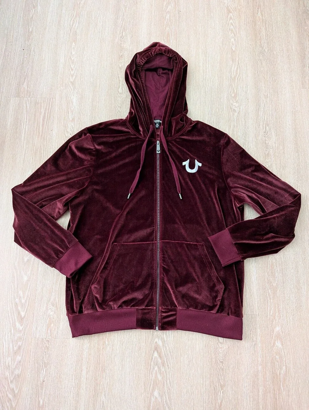 True Religion Hoodie Men's XXL Velour Burgundy Full Zip Fashion For The Senses